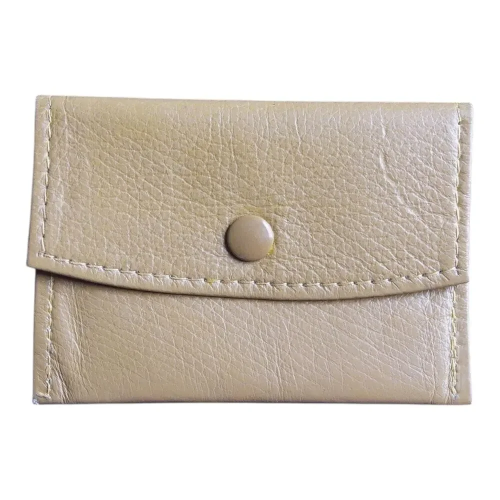 Vintage Beige Leather Snap Coin Purse Change Pouch Mini Wallet